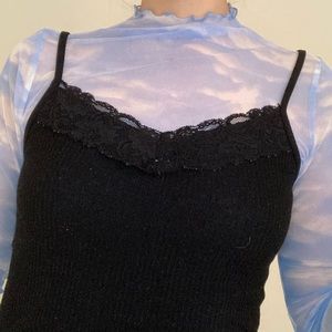 sheer mesh cloud lettuce hem mock neck top